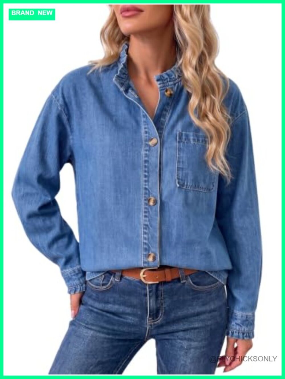 Womens Denim Button Down Blouse Ruffle Neck Long Sleeve Casual Work Top